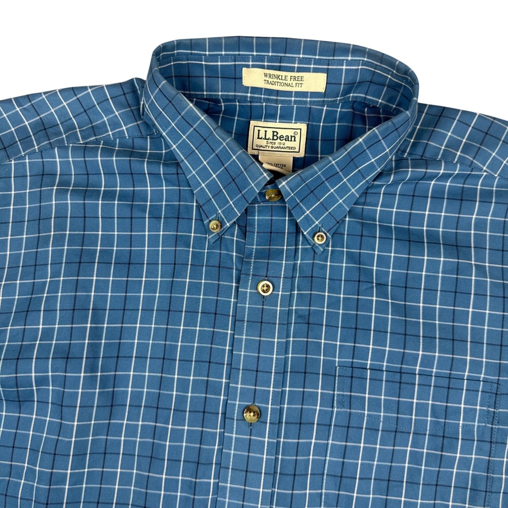 LL Bean Blue Grid Short Sleeve Button Down Wrinkle Free Cotton Shirt Mens XL